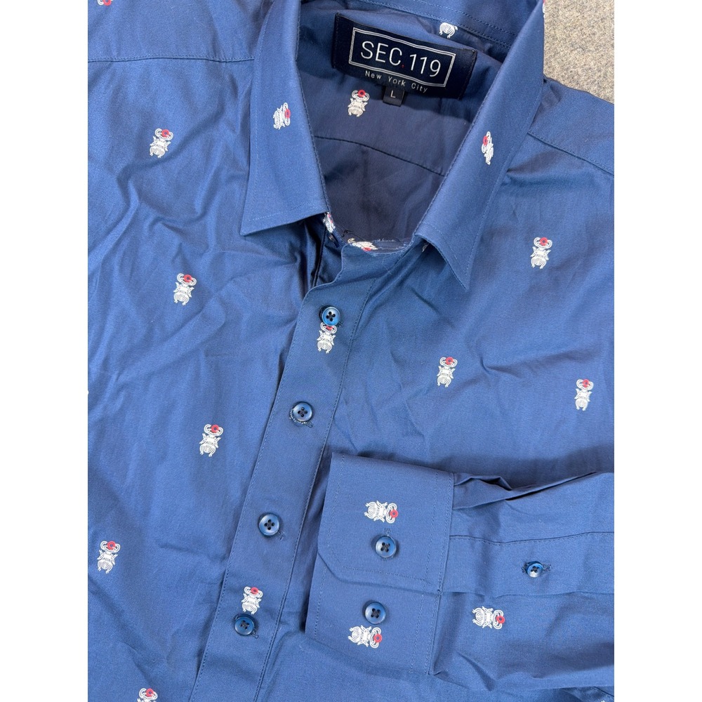 Section 119 Button Down Shirt Mens L Blue Embroidered Beetle Long‎ Sleeve Cotton